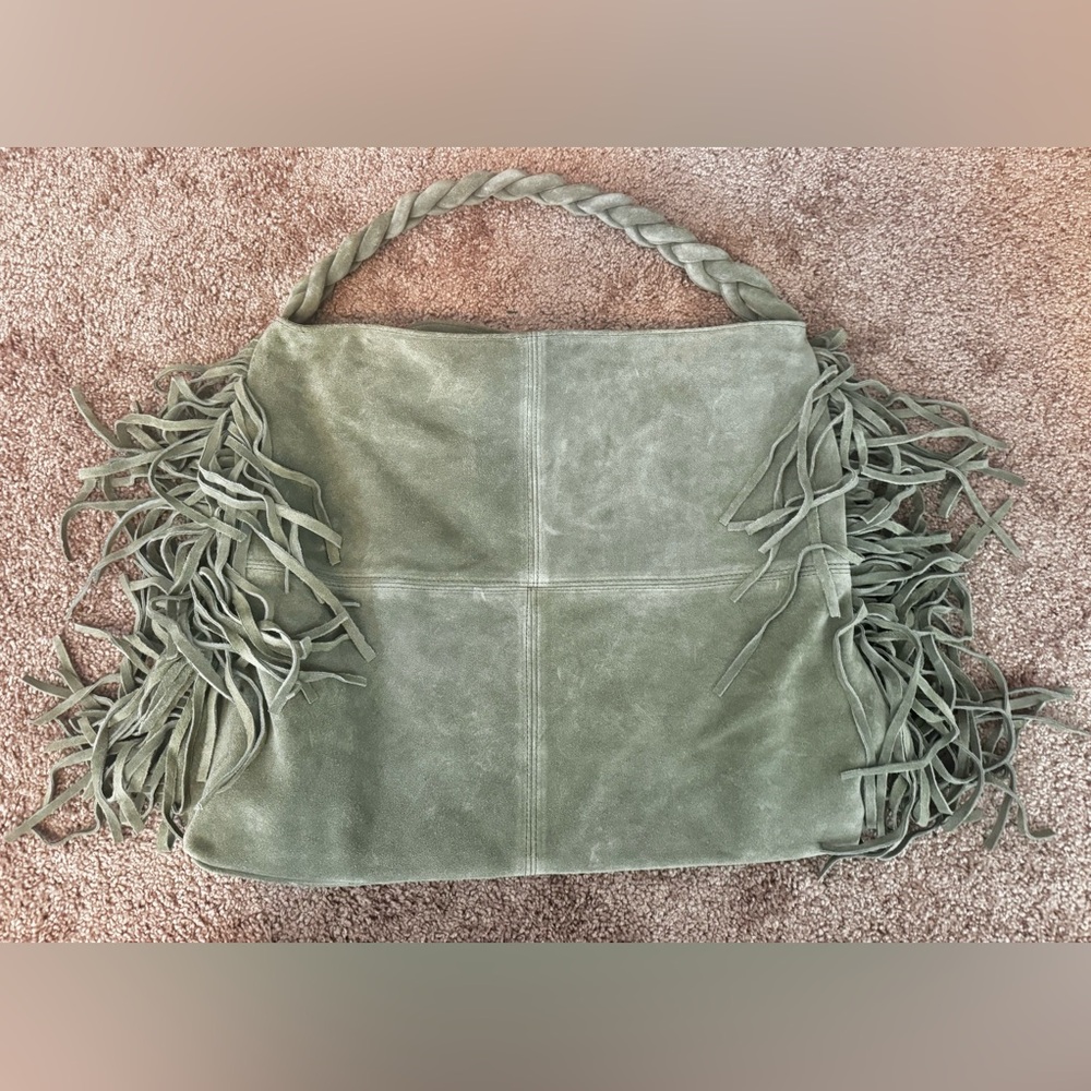 Genuine Suede Sage Fringe Hobo Bag